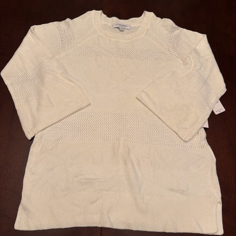 Liverpool Los Angeles Women's Ivory Knit New Crew Neck Sweater S 3/4 Sleeve $89